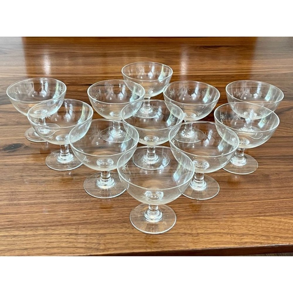 VTG MCM Crystal Atomic Starburst Stardust Short Champagne Low Sherbet Glasses